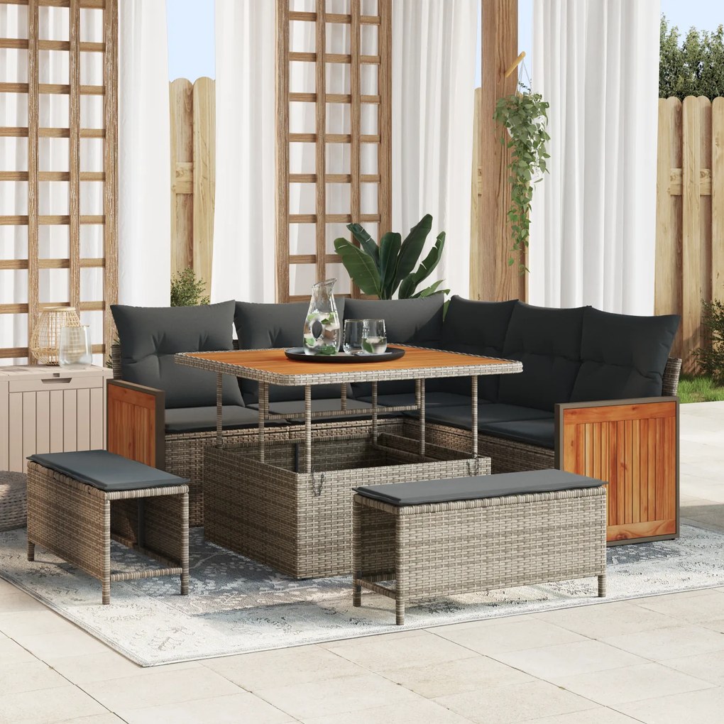 Conjunto de Sofá de Jardim vidaXL com Almofadas Cinza Vime Sintético Acácia