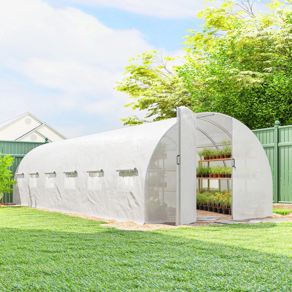 Estufa tipo túnel de 24 m²,  295 x 798 x 199 cm estufa de jardim tipo túnel com portas e 12 janelas com redes mosquiteiras, branca