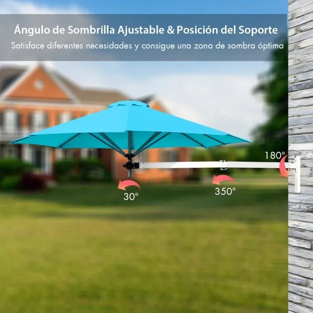 Guarda-sol montado na parede 250 cm x 184 cm com poste ajustável e inclinável resistente para jardim, varanda, pátio azul