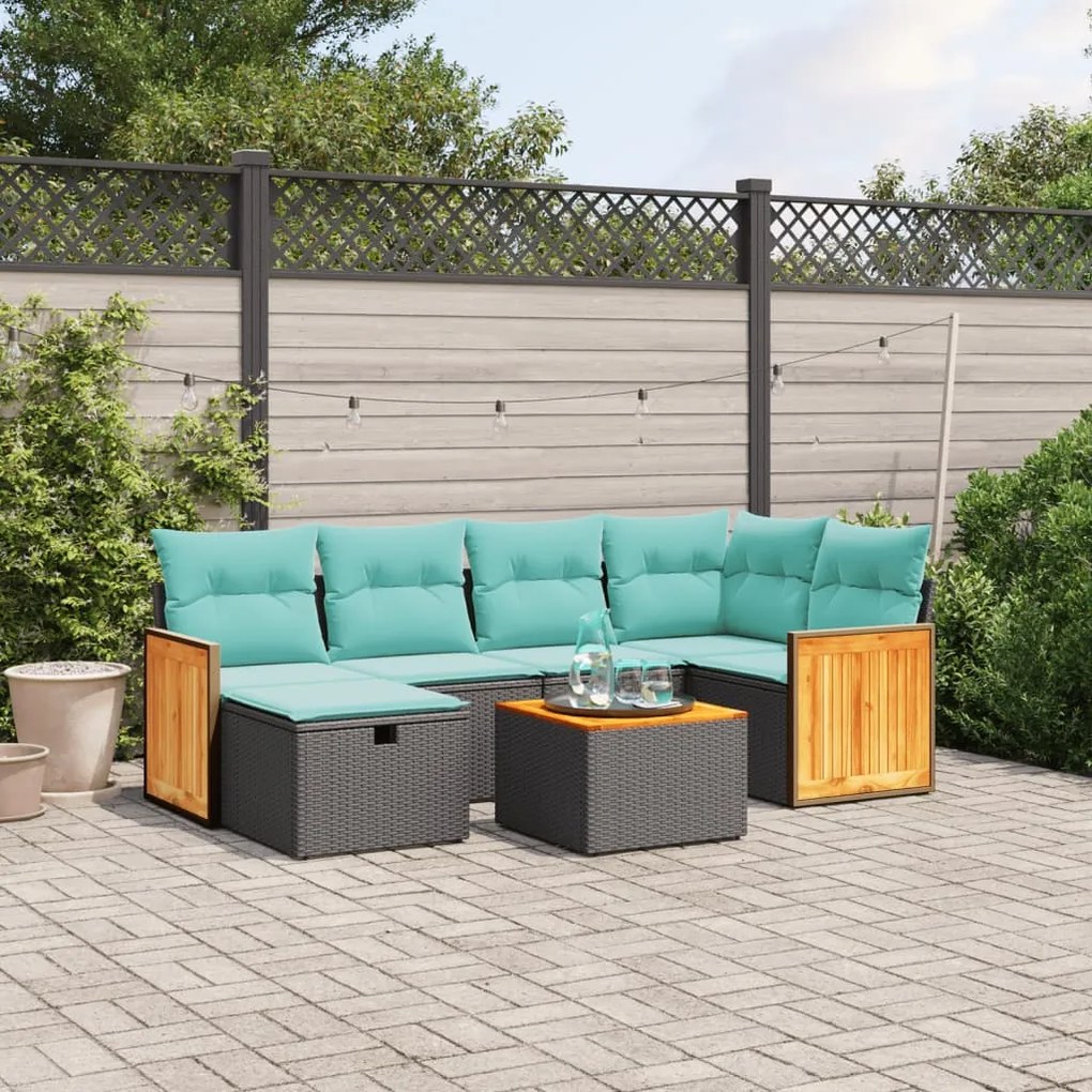 vidaXL 7 pcs conjunto de sofás p/ jardim c/ almofadões vime PE preto