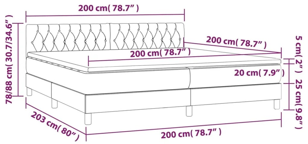 Cama box spring c/ colchão/LED 200x200cm tecido castanho-escuro