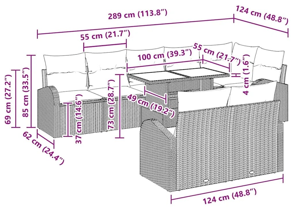 Conjunto de Sofá de Jardim de 9 Peças com Almofadas Cinza Claro em Rat