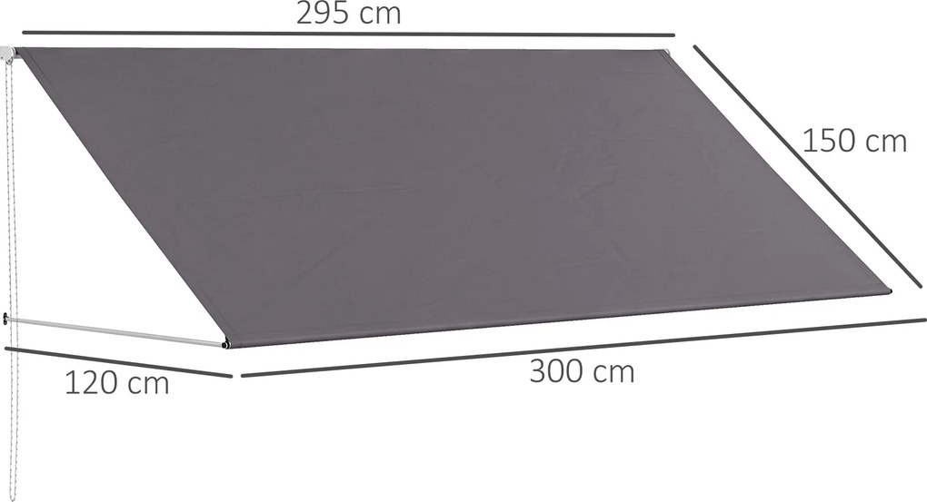 Toldo manual retrátil com inclinação ajustável, 300 x 120 cm, proteção UV, alumínio e poliéster cinzento escuro