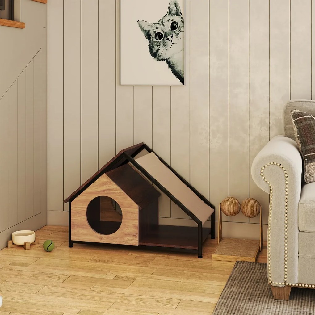 Casa de madeira para gatos de interior 84 x 43 x 58,5 cm com varanda Telhado inclinado removível e estrutura metálica Castanho