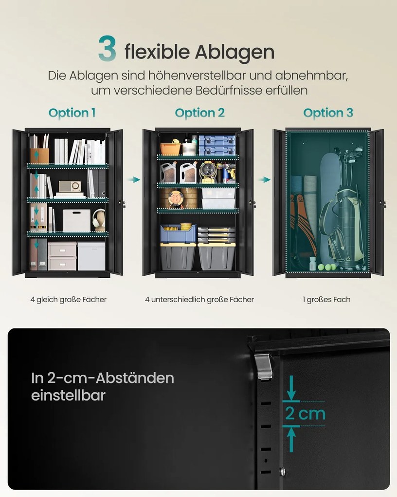 Armário de arquivo escritório com fechadura 80 x 40 x 140 cm, 3 prateleiras ajustáveis, preto mate