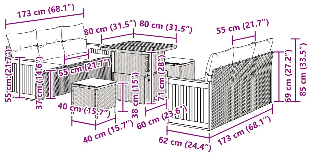 Conjunto de Sofá de Jardim vidaXL com Almofadas Preto Rattan Poliéster