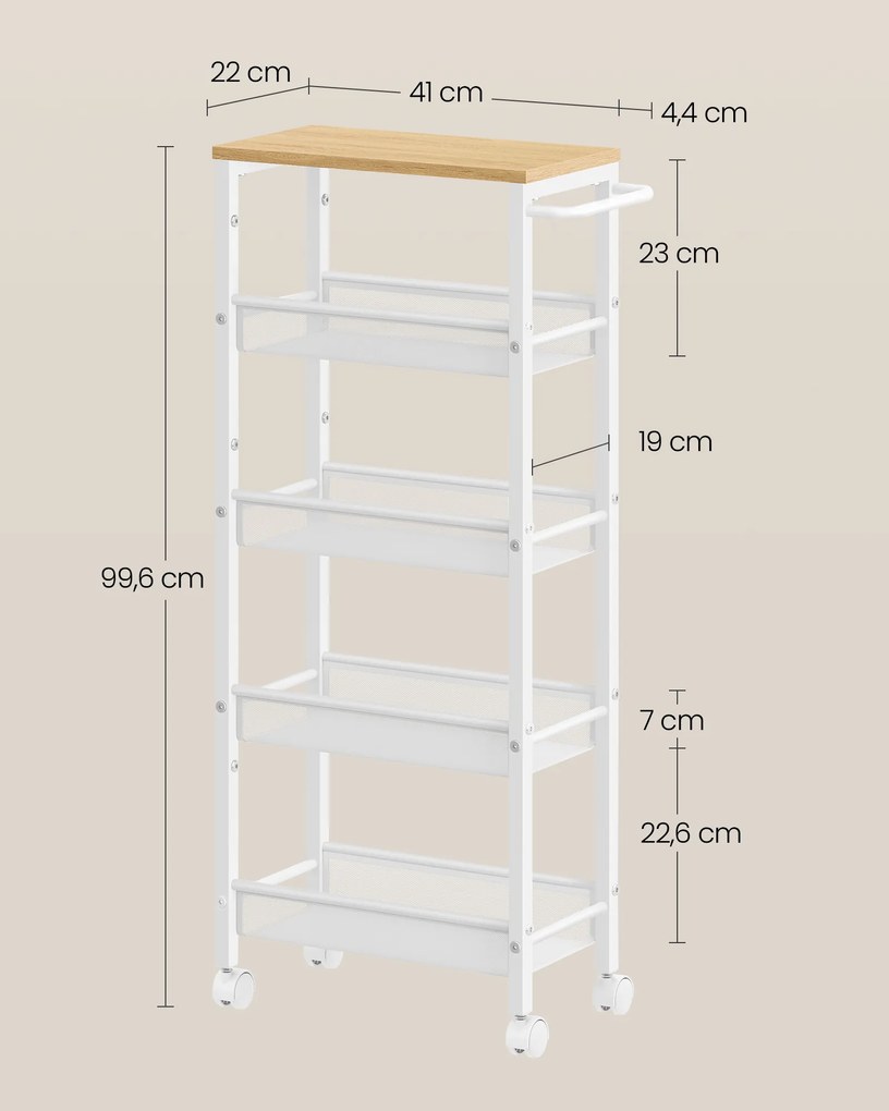 Carrinho de cozinha ou casa de banho 5 níveis estreito 22 x 45,4 x 99,6 carvalho e branco