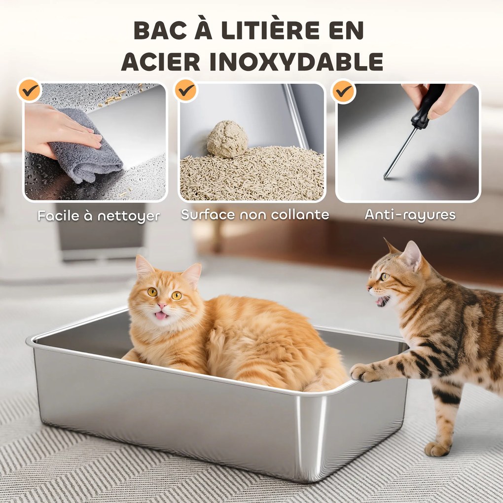 Caixa de areia XL em aço inoxidável para gatos de grande porte, tampa giratória a 100°, pá, 60,2 x 40,2 x 44,5 cm, cinzento claro