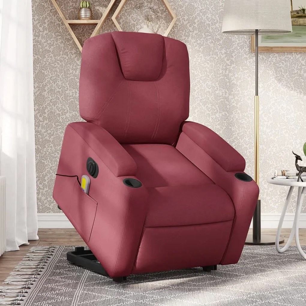 vidaXL Poltrona elevatória de massagens elétrica tecido vermelho tinto