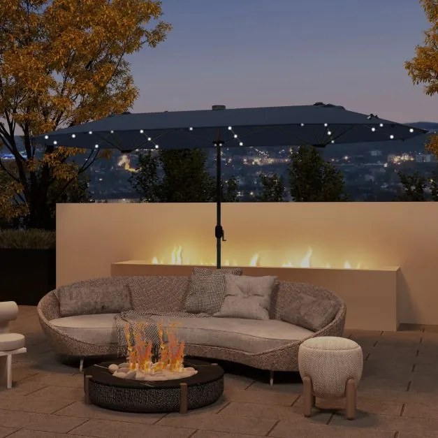 Guarda-sol jardim Duplo 4 x 2 m com Luzes Solares com base e Manivela Azul Marinho