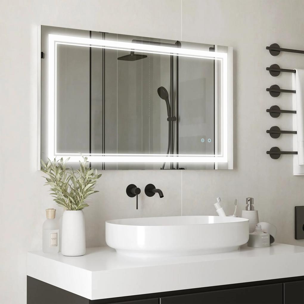 Espelho Casa de Banho com Luz LED 100x60cm Espelho de Parede com Interruptor Tátil 3 Luzes Ajustáveis Função de Memória e Estrutura de Alumínio Espelh