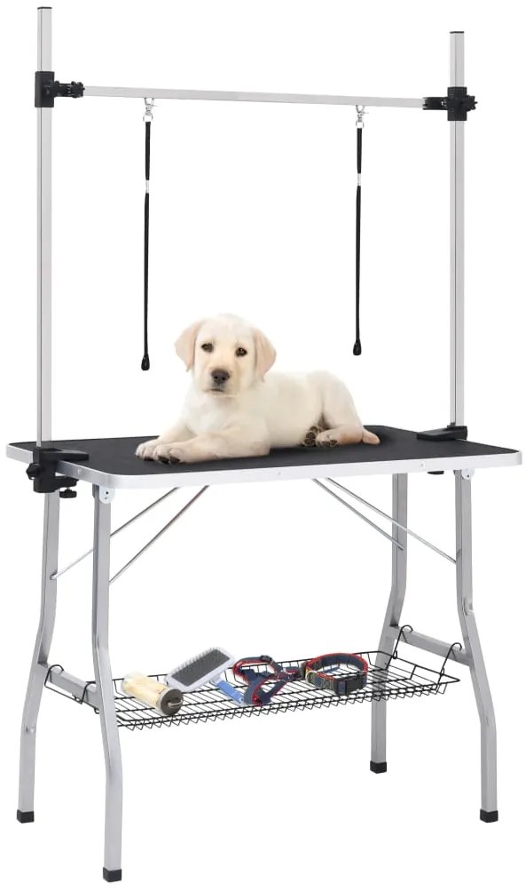 Mesa de grooming ajustável para cães com 2 laços e cesto