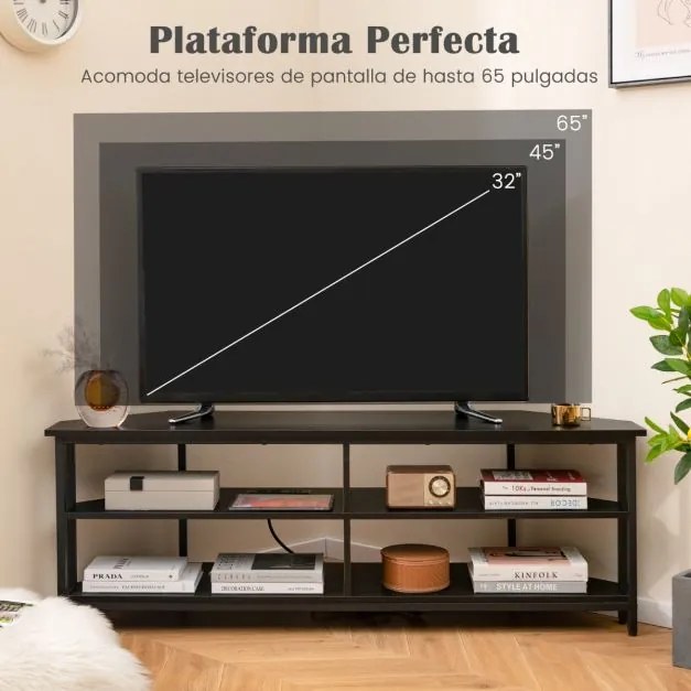 Móvel canto para TV para TVs até 65'' com Tomadas e portas USB, estrutura metálica e estantes Preto