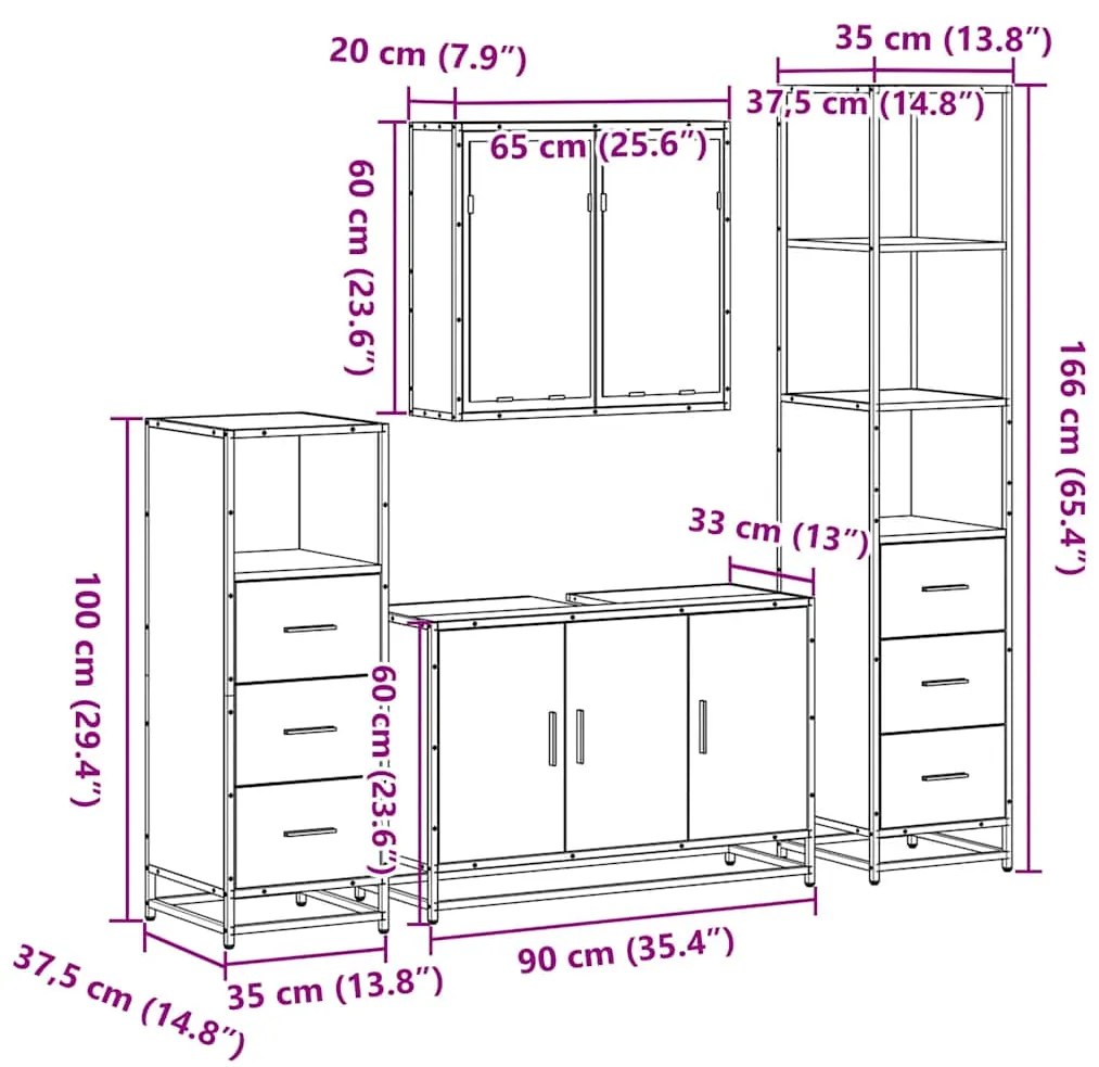 4 pcs Conjunto móveis casa de banho madeira proc. cinza sonoma