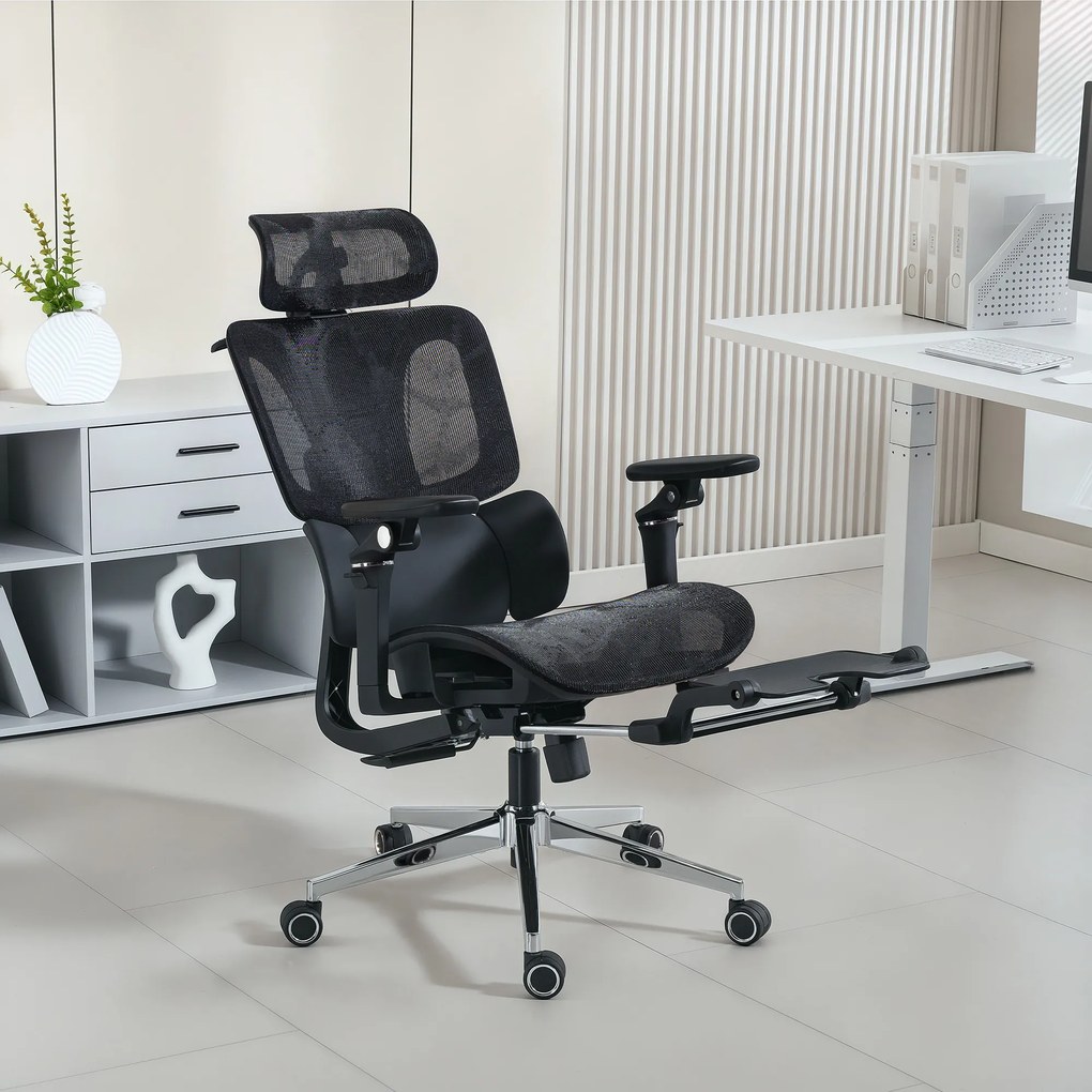 Cadeira de escritório ergonómica com braços 6D, encosto para a cabeça e profundidade do assento ajustáveis, 67 x 71 x 133 cm, preta