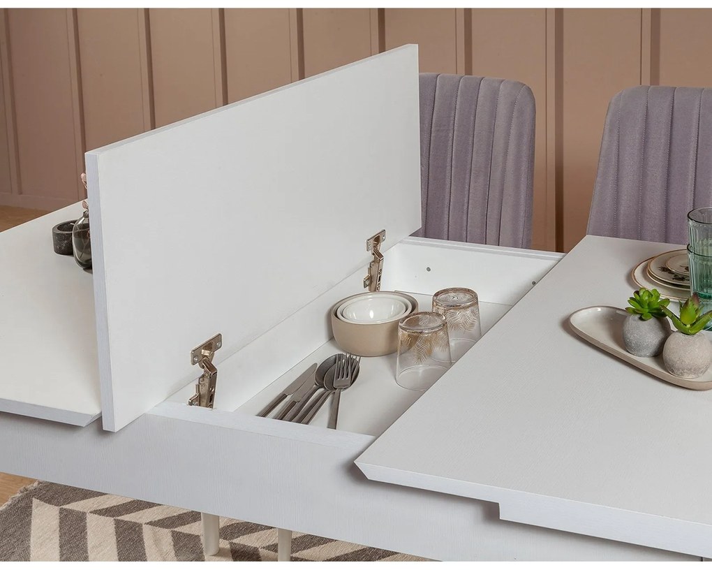 Conjunto de Mesa de Jantar Extensível e Cadeiras Vina – Branco e Cinze