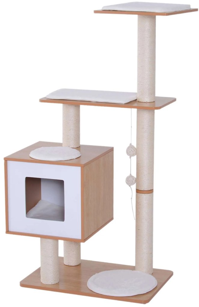 PawHut Árvore Arranhadora para Gatos de Madeira 71,5x49,5x120cm Torre para Gatos com Caverna Plataformas Postes Arranhadores de Sisal Almofadas de Pelúcia Suave e Bolas Suspensas Natural