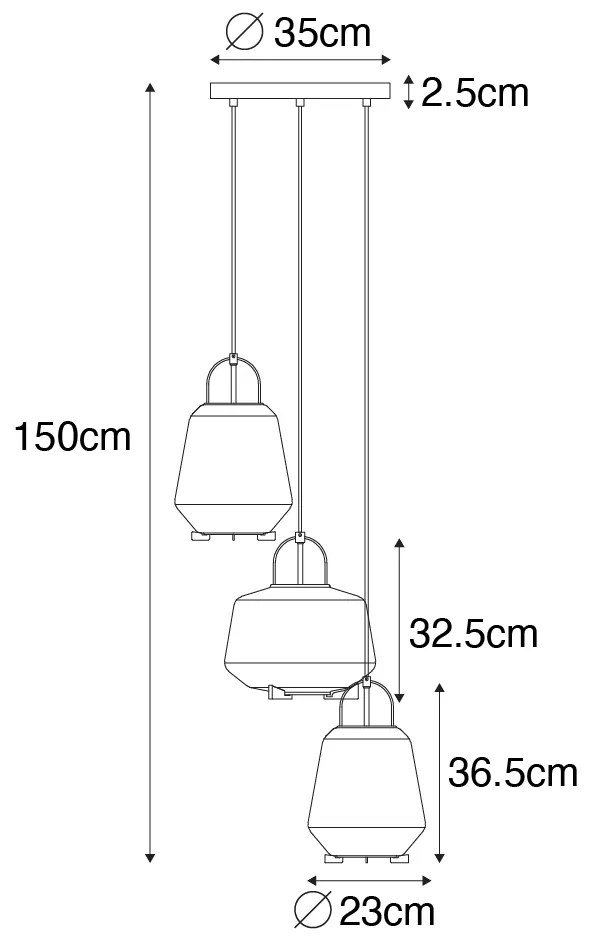 Candeeiro suspenso preto com vidro fumê redondo 3 luzes - Kevin Art Deco