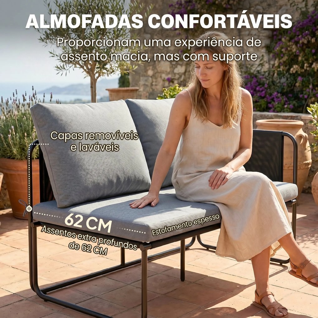 Conjunto de Jardim de 4 peças Móveis de Exterior com 2 Sofás de 2 Lugares 2 Mesas de Vidro Almofadas Capas Removíveis Cinza
