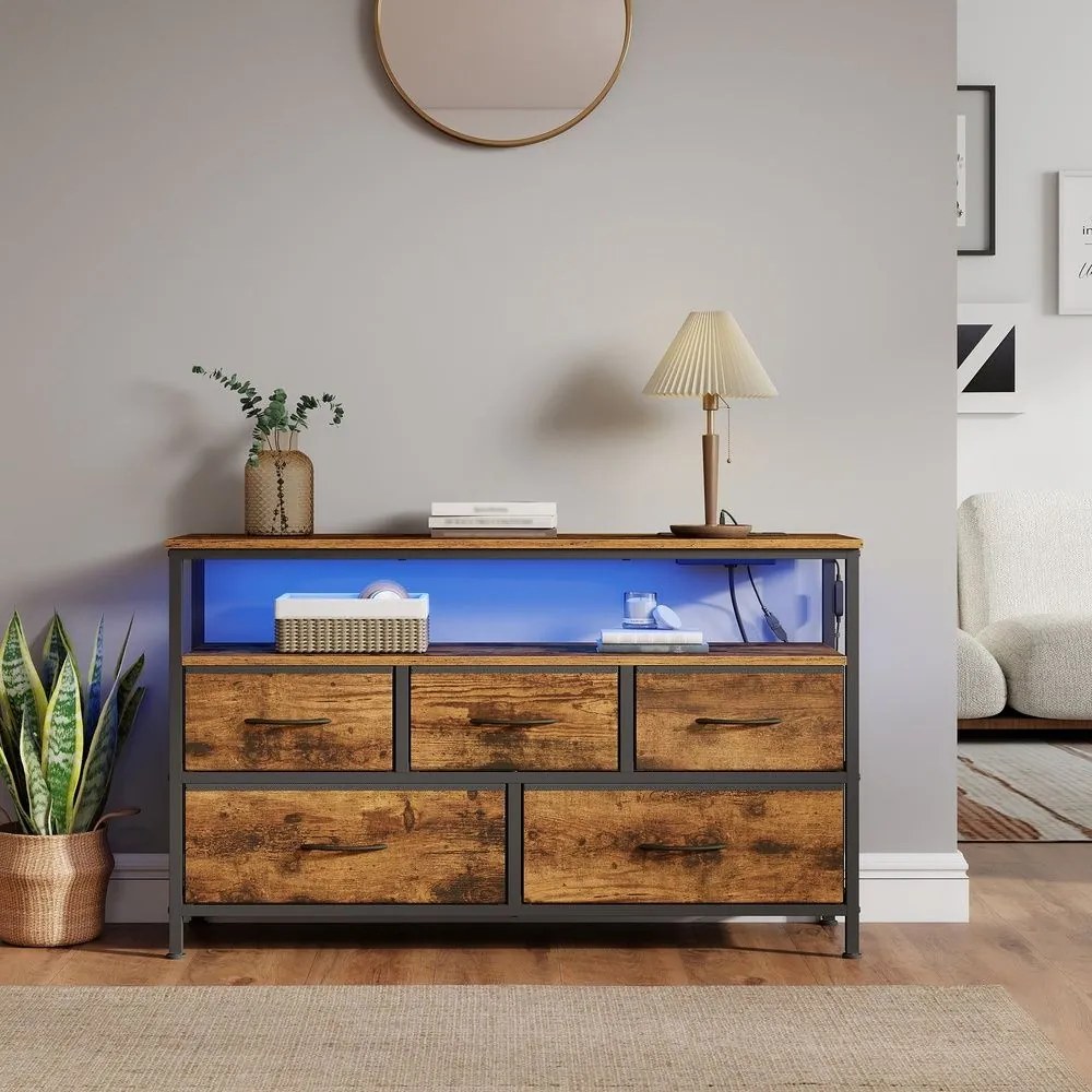 Cómoda com 5 gavetas e iluminação LED, 30 x 98,7 x 68,1 cm castanho-preto
