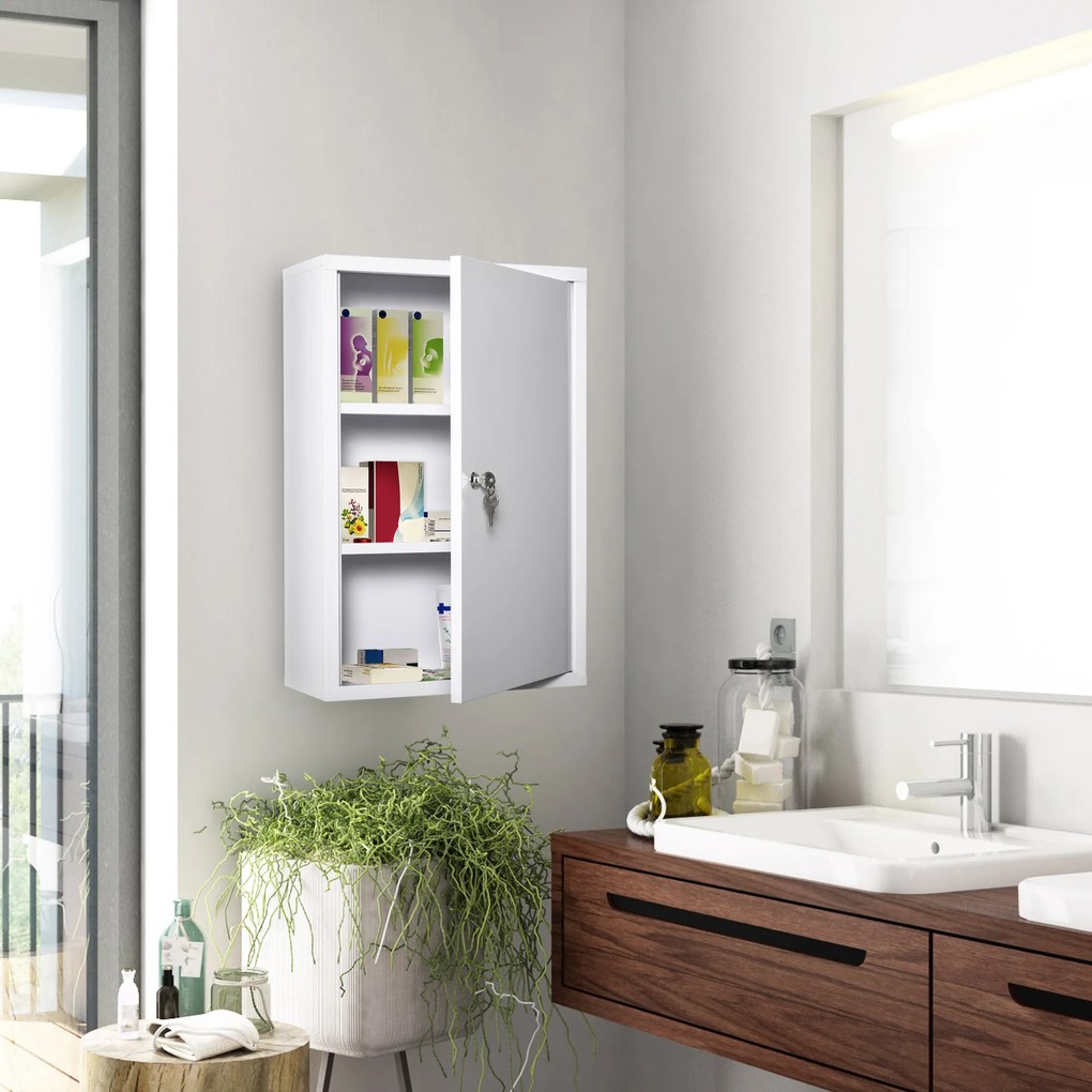 kleankin Armário Farmácia de Parede de Armário para Medicamentos de Metal com 3 Prateleiras de Armazenamento e Fechadura com 2 Chaves para Casa de Banho Cozinha 40x18x60cm Branco
