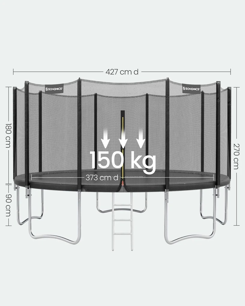 Trampolim de 427 cm com rede de segurança e varas retas e escada, preto