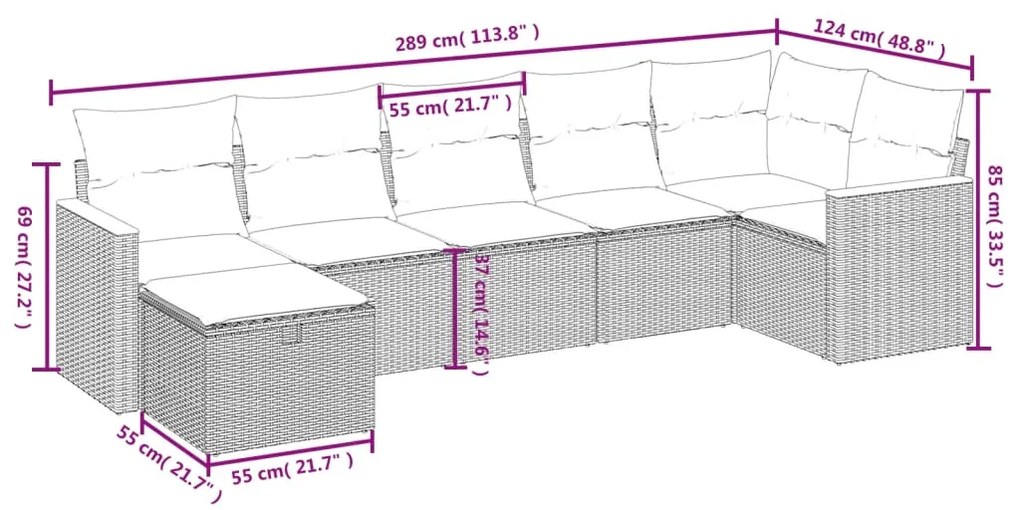 7 pcs conjunto sofás p/ jardim c/ almofadões vime PE cinzento