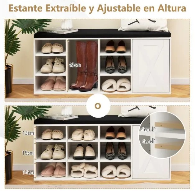 Banco sapateira para Sapatos 110,5 x 30 x 49 cm de 3 Níveis com Almofada Acolchoada Removível Branco