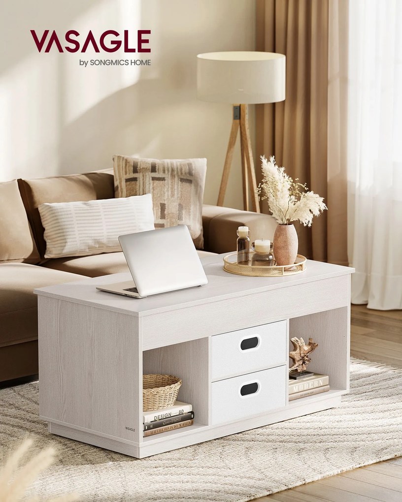 Mesa de centro 50 x 100 x 48,5 cm com 2 gavetas e compartimentos, em bege aveia