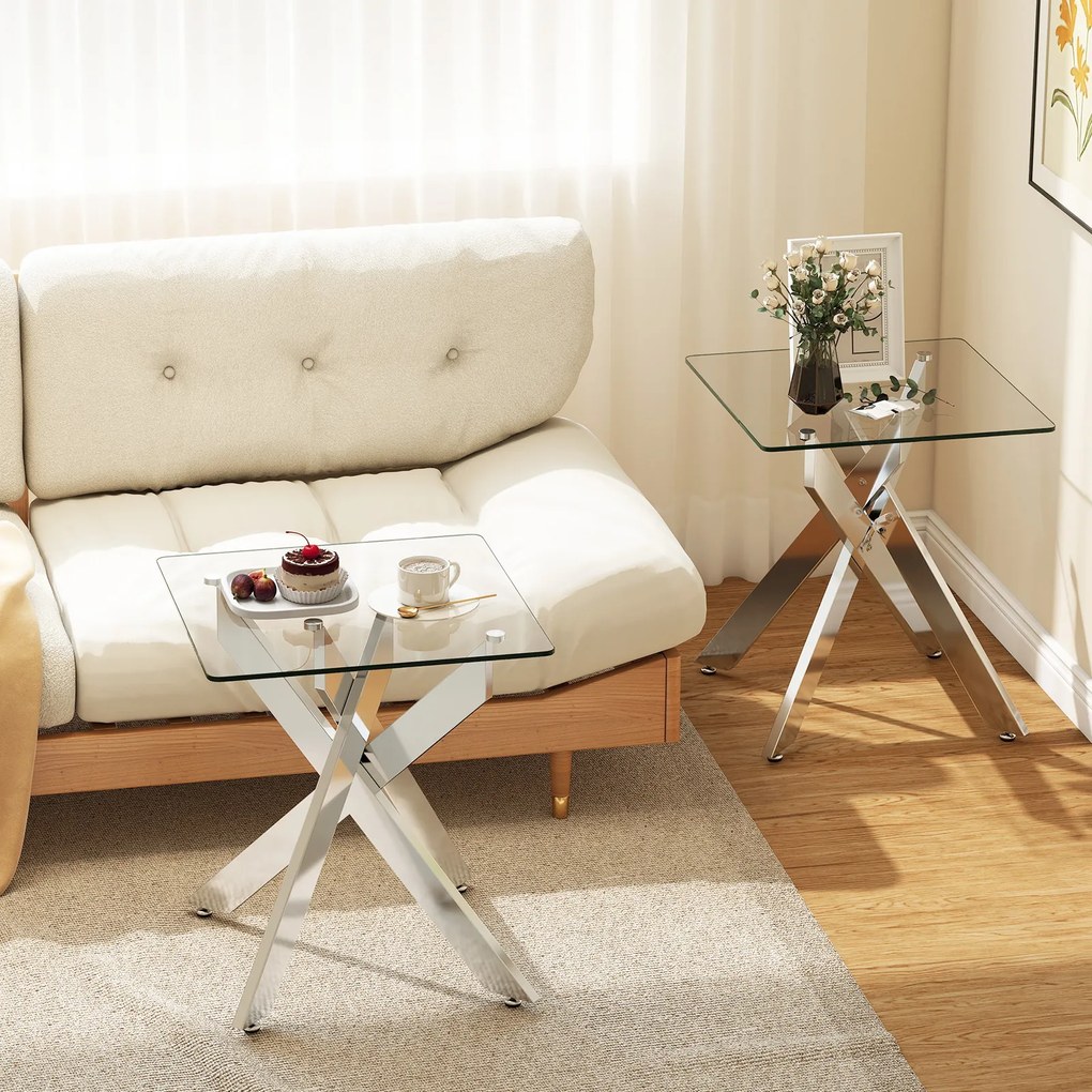 Mesa apoio de vidro 50 x 50 x 57 cm com tampo temperado e base metálica em X moderna para quarto ou sala de estar, prateada