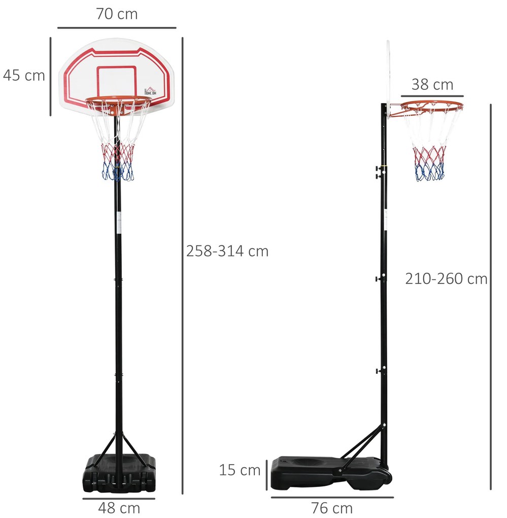 Cesto de Basquetebol para Exterior com Altura Ajustável 258x314 cm com Rodas Base Recaregável Preto e Vermelho