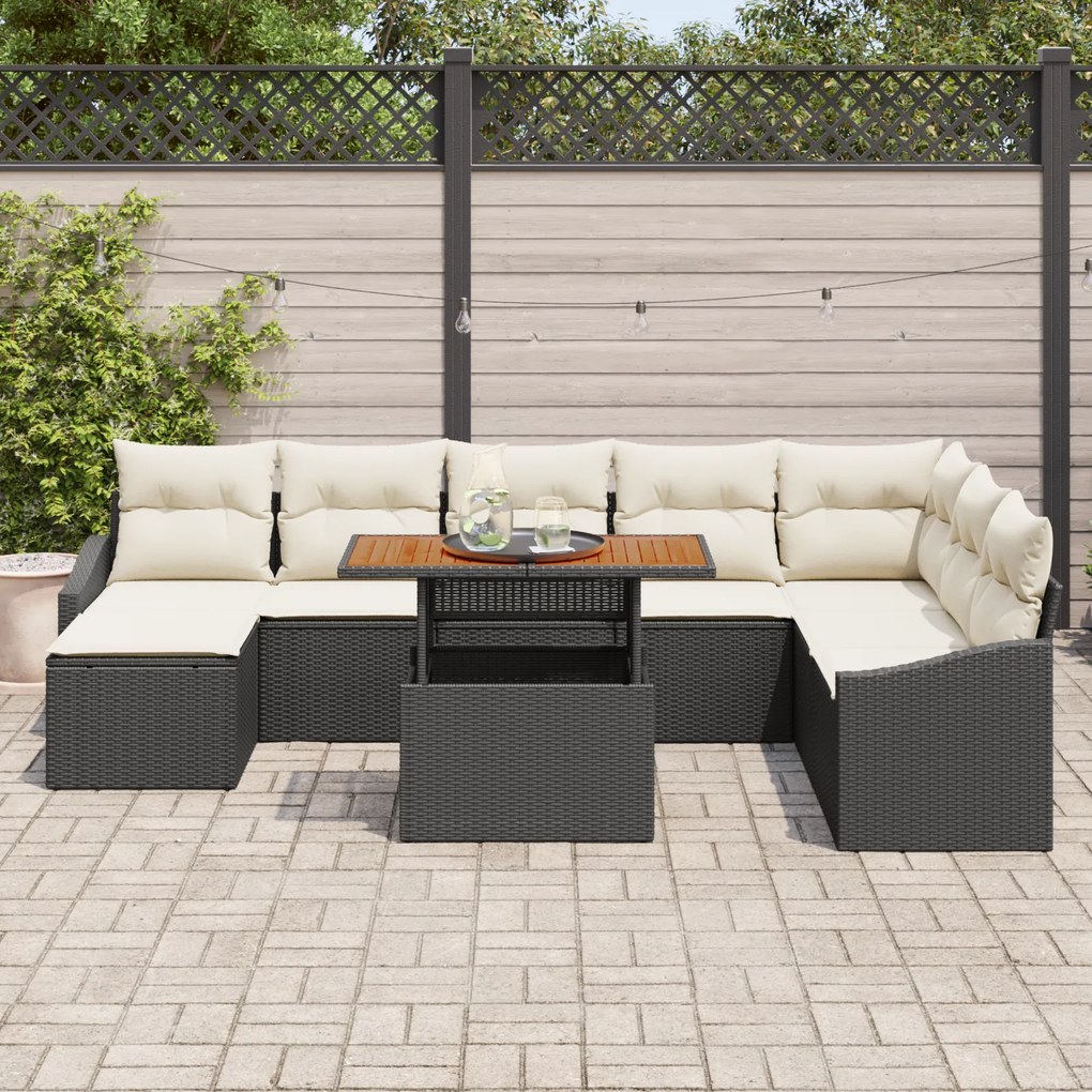 Conjunto de Sofás de Jardim de 9 Peças com Almofadas Preto Rattan Poli