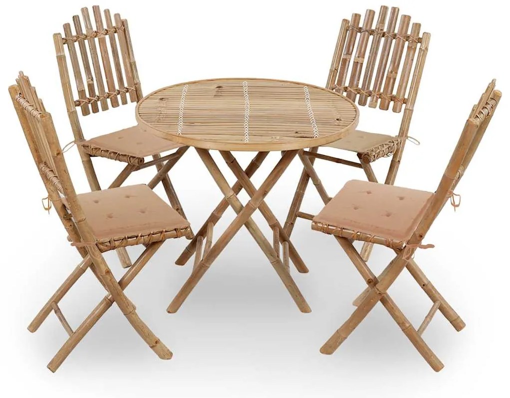 5 pcs conj. de jantar dobrável c/ almofadões p/ exterior bambu
