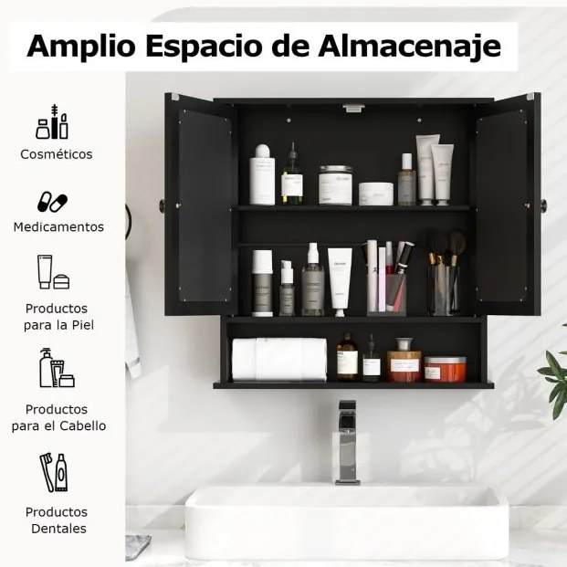 Armário de parede para casa de banho com espelho, 2 portas, prateleira ajustável e compartimento aberto 56,5 x 13,5 x 58,5 cm Preto