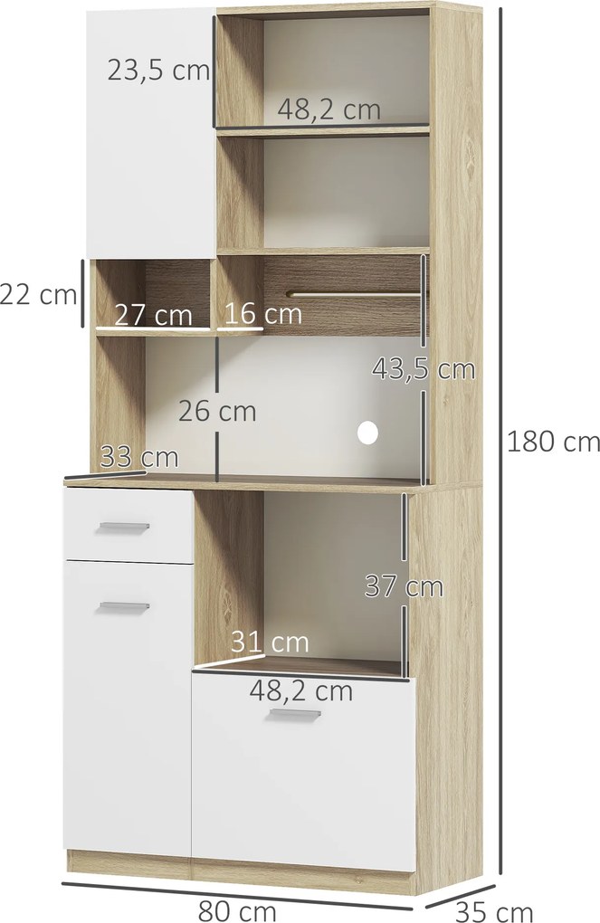 Armário Alto de Cozinha, 80 x 35 x 180 cm, Prateleiras Reguláveis, Branco