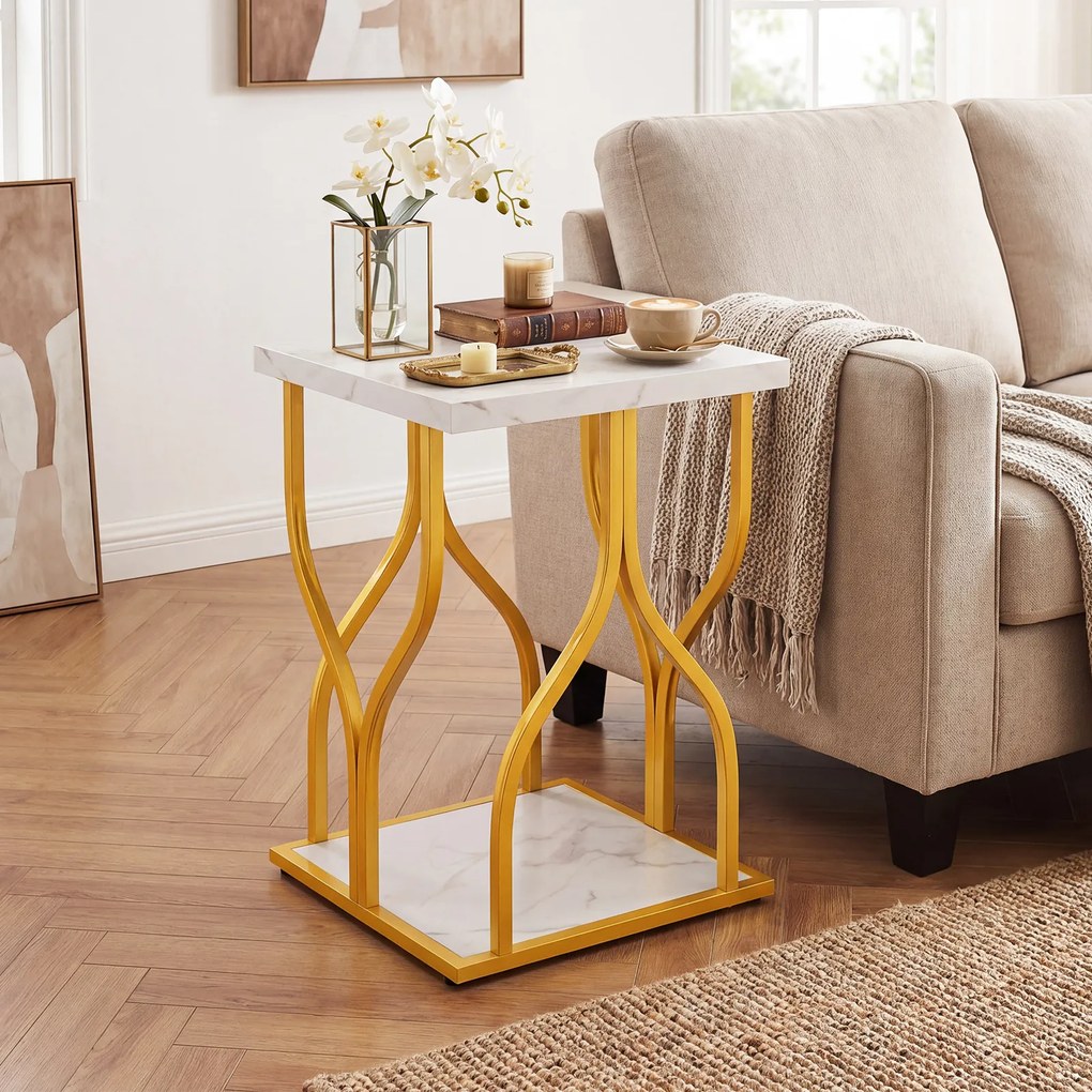Mesa de apoio Quadrada, 39,5 x 39,5 x 59,5 cm, 2 Níveis de Arrumação imitação mármore, Dourado