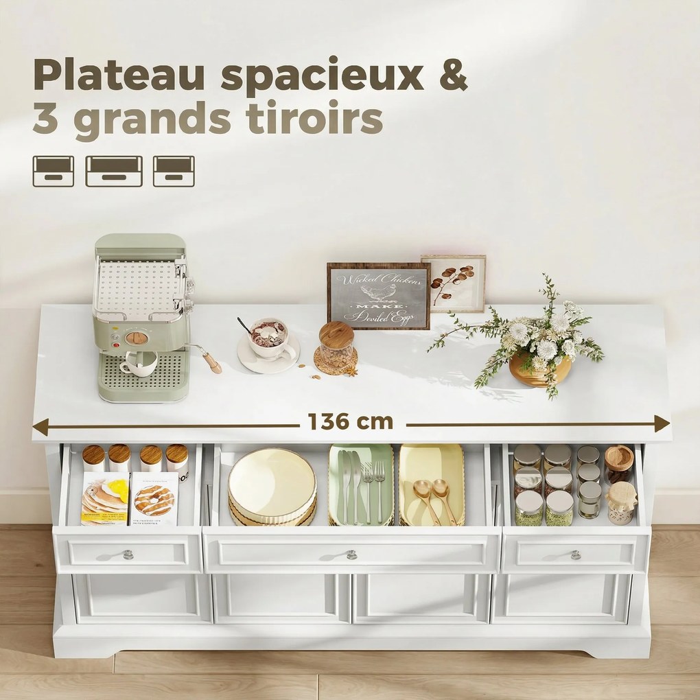 Aparador de sala 136 L x 38 P x 80 A cm, móvel de arrumação com 3 gavetas, 4 portas com fecho suave e prateleiras ajustáveis, branco
