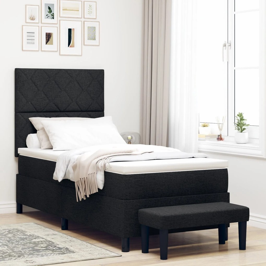Cama Box Spring com Colchão e Banco Preto 90x190 cm Tecido