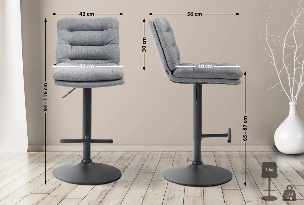 Banco de bar Damar em tecido com estrutura preta 94-116 x 42 x 56 cm Cinzento