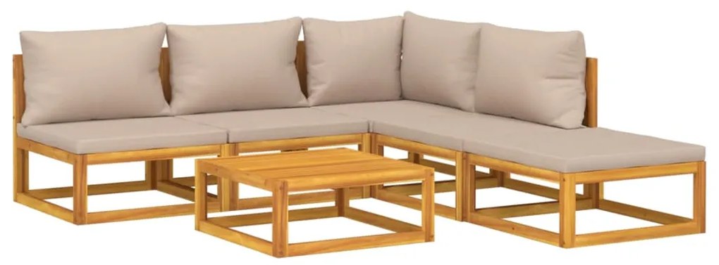 6pcs conj. lounge jardim madeira c/almofadões cinza-acastanhado