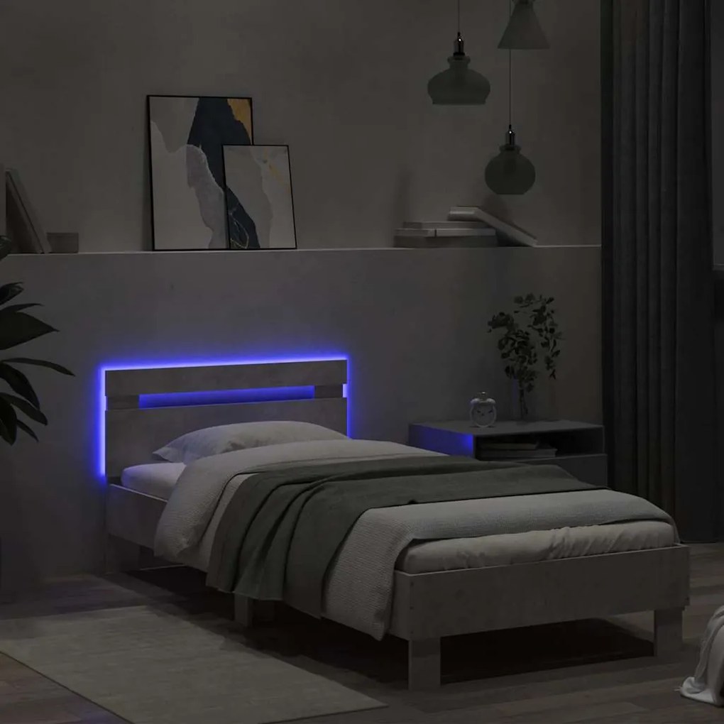 Estrutura de cama c/ cabeceira/luzes LED 90x190cm cinza cimento