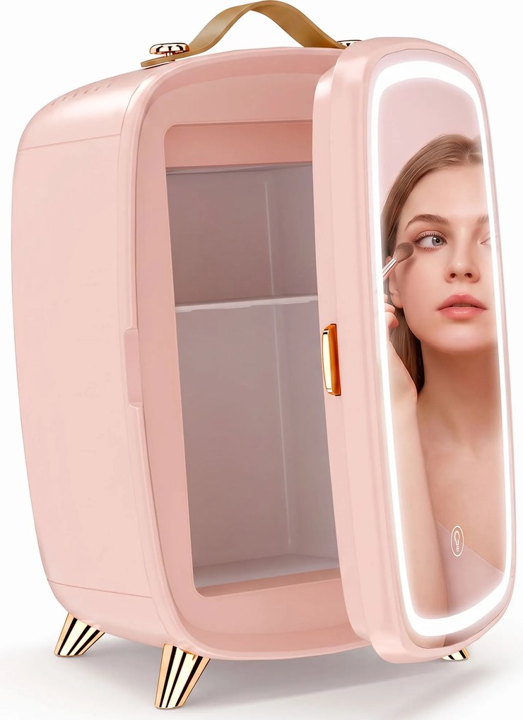 Mini Frigorífico para Cosméticos com 6 L, Porta com Espelho e Luzes LED Ajustáveis, 24,3 x 19,4 x 35,6 cm Rosa