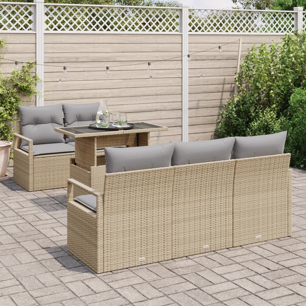 Conjunto de Sofá de 6 Peças com Almofadas Bege Rattan Poli, Sofá de Ja
