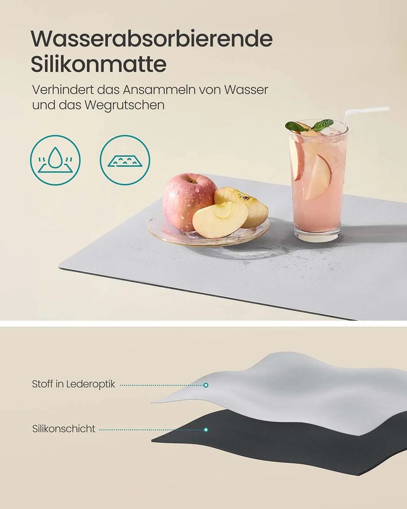 Escorredor de pratos (31-56) x 42 x 20 cm com tapete de silicone e ralo, branco mate-cinza