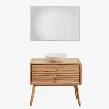 Conjunto De Móvel De Casa De Banho 90x45 Cm Em Madeira Deleyna Madeira Natural & Cimento Redondo Branco Ø40 Cm Zavion & Led - Sklum
