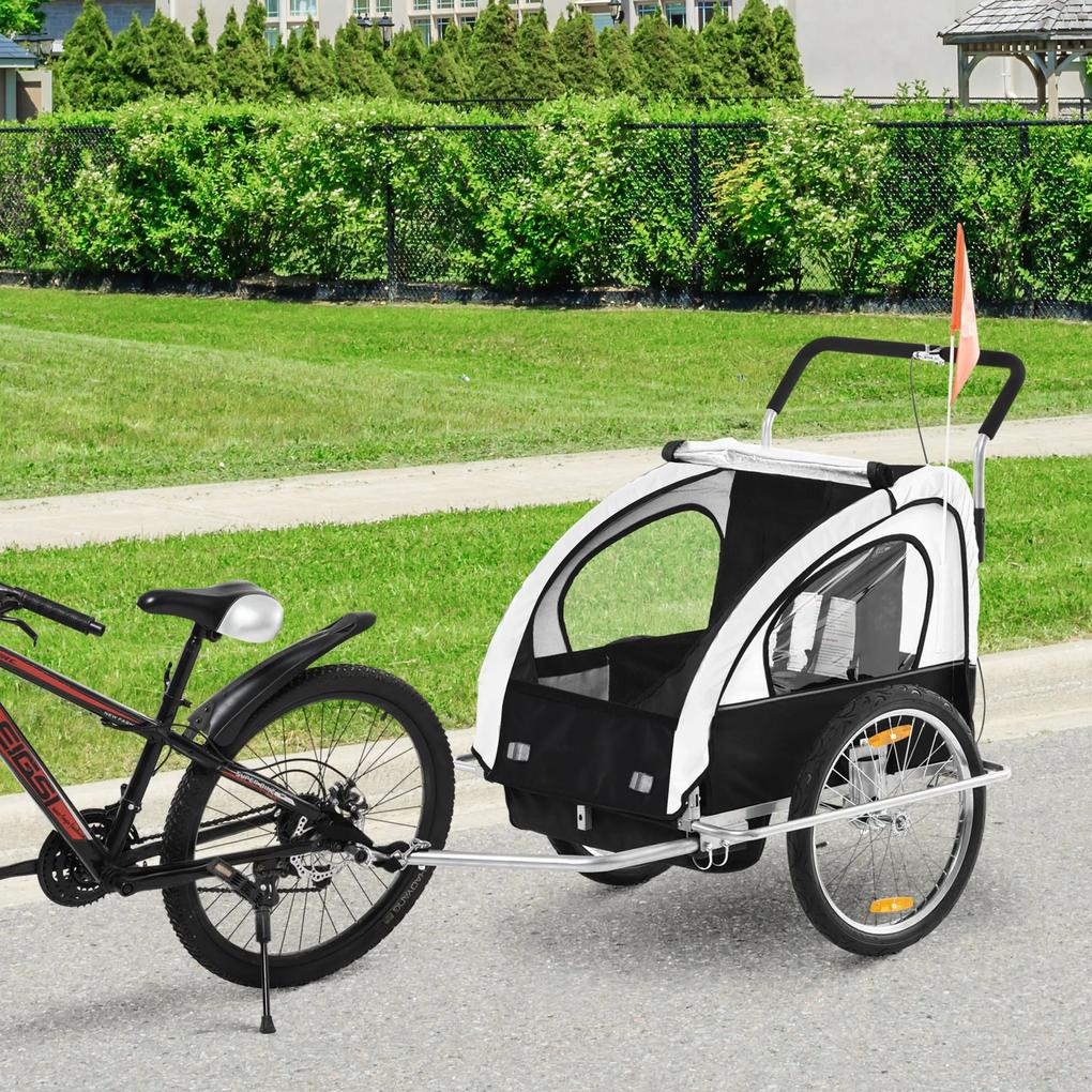 HOMCOM Reboque de Bicicleta 2 EM 1 para crianças de 2 lugares com Amortecedores Convertível em carrinho com barra e kit de corrida 129x85x105cm Branco