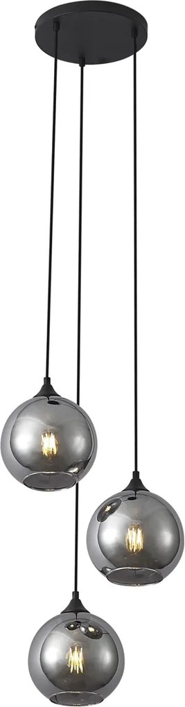 Candeeiro suspenso Art Deco preto com vidro fumado 3 luzes - Wallace