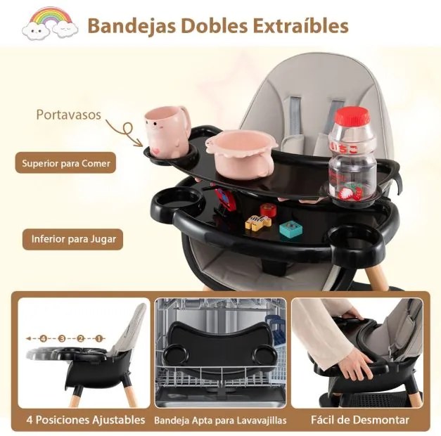 Cadeira refeição alta para bebés e crianças pequenas, conversível 6 em 1 tabuleiro removível cinza e preto