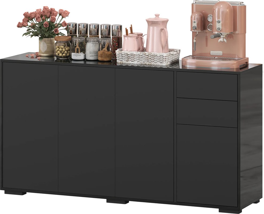 Aparador com 2 gavetas deslizantes 140 x 36 x 74 cm, 4 portas e prateleira ajustável, em aglomerado, preto