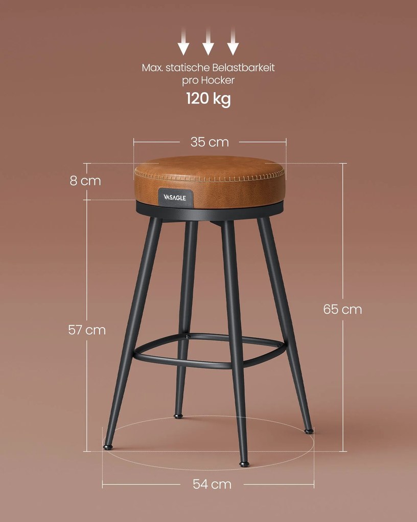 Conjunto de 2 bancos de bar com 65 cm de altura em castanho caramelo